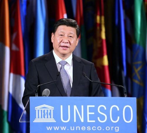 2014年3月27日，國家主席習近平在巴黎聯合國教科文組織總部發表重要演講。新華社記者姚大偉攝