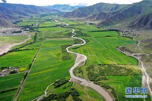 拉薩市林周縣江熱夏鄉(xiāng)田園景色（7月14日攝，無人機(jī)照片）。 林周縣地處西藏中部，拉薩河上游。夏日時(shí)節(jié)，這里水草豐茂，綠意盎然，河流、村落、農(nóng)田組成一幅美麗的田園畫卷。