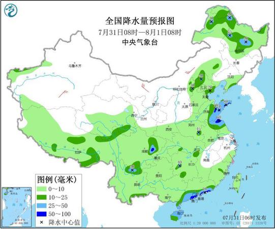 圖1 全國降水量預報圖（7月31日08時-8月1日08時）