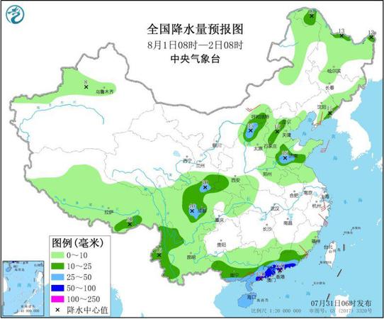 圖2 全國降水量預報圖（8月1日08時-2日08時）