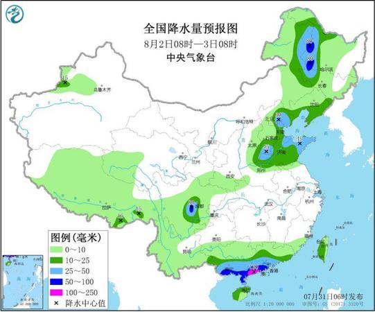 圖3 全國降水量預報圖（8月2日08時-3日08時）