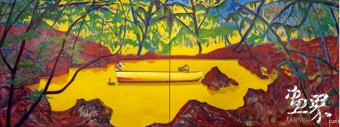 湖心船（布面油畫）350×150cm-2019年-梁敬達