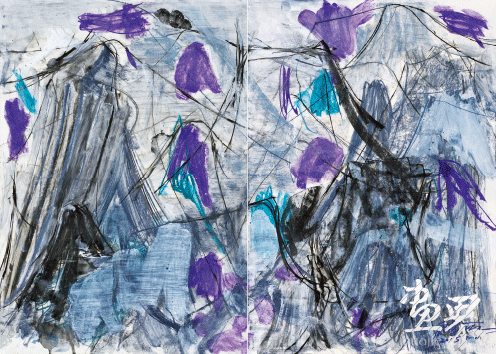 山水賦之二十二（卡紙上色粉筆、水彩、鉛筆及蠟紙拼貼等）150×93cm-2015年-顧黎明