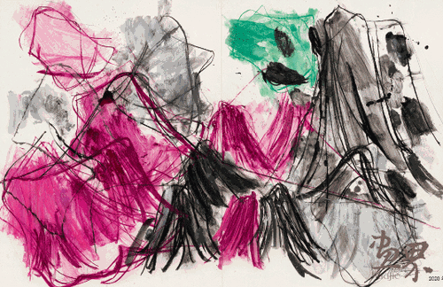 山水賦-鵲華秋色NO2（卡紙上色粉、丙烯水彩及拼貼等）156×107cm-2019年-顧黎明