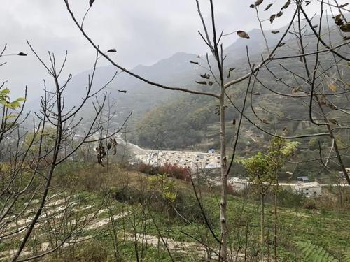 在山頂俯瞰關壩村全貌，整齊劃一的一片白色平房是關壩村易地搬遷集中安置點。