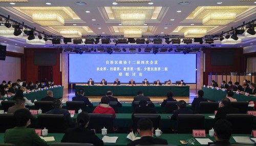 廣西壯族自治區政協十二屆四次會議農業界、婦聯界、教育界一組、少數民族界二組聯組討論會場。 覃文宇攝