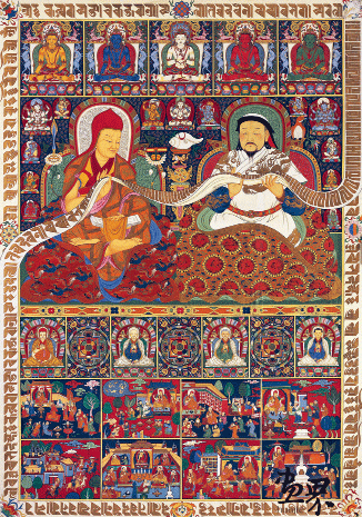 忽必烈與八思巴（唐卡-布面,礦物質(zhì)顏料）150×103cm-2012年-韓書力、邊巴頓珠合作-中國美術(shù)館藏