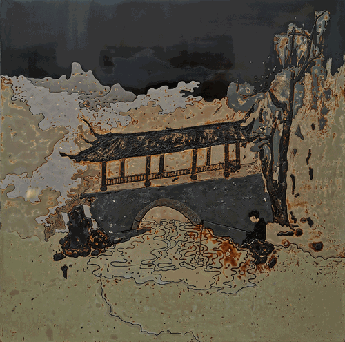 垂釣圖（木胎、大漆、銀箔、灰）60x60cm--2020年