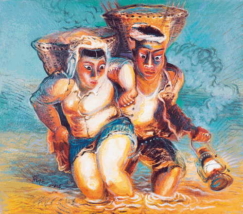 故鄉系列稿之一—過河（油畫）90×100cm-2000年-羅中立