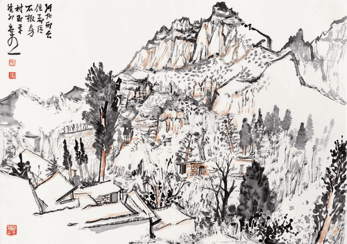 河北邢臺信都區石板房村即景（國畫）45×64cm-2023年-林容生
