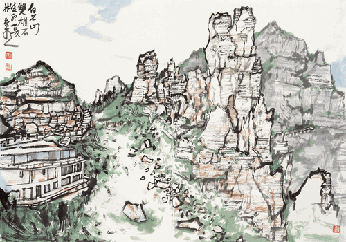 白石山雙雄石（國畫）45×64cm-2023年-林容生