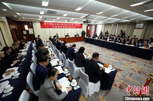 3月10日，出席十四屆全國人大二次會議的甘肅代表團(tuán)舉行開放團(tuán)組會議。記者富田 攝