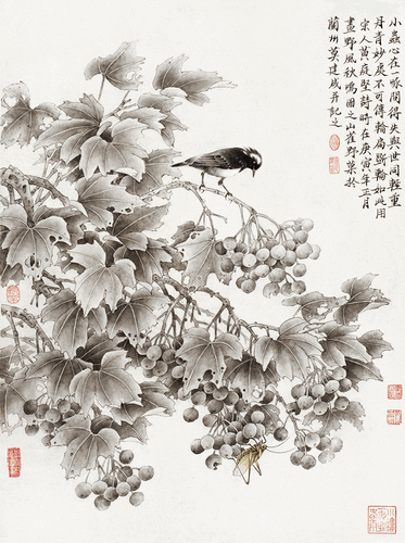 野風(fēng)秋鳴圖之山雀野果（國(guó)畫）莫建成