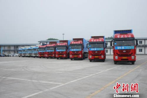 資料圖。圖為準(zhǔn)備發(fā)車的10輛標(biāo)準(zhǔn)集裝箱大卡車?！＄婌?攝