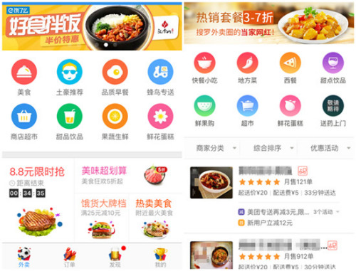 餓了么(左)與美團訂餐APP界面。